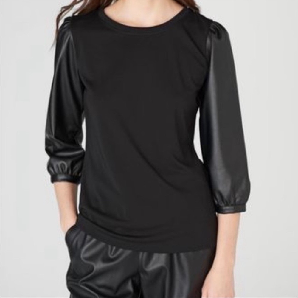 Karl Lagerfeld Paris Womens Black Faux Leather Puff Sleeve Top XL‎ Mixed Media